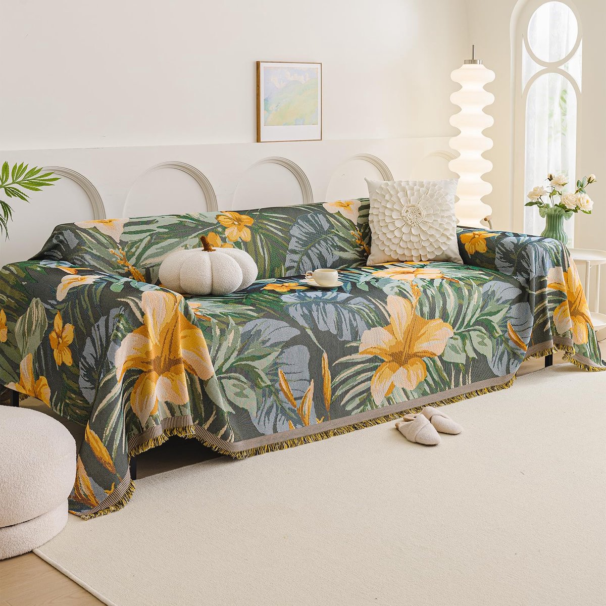 grote 3-zits geweven bankdeken met kwastjes ademend veelzijdige plaids voor banken grote plaids voor slaapbank en fauteuil 180 x 360 cm-artistieke bloemen