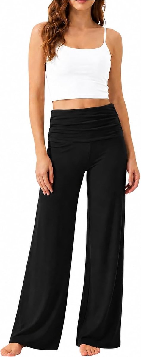Vrouwelijke Yoga Broek met Vouw Taille, Wijde Palazzo Loungebroek, Casual Losse Pasvorm met Hoge Zoom