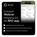 Scherm met de AYO-app met aanbevelingen voor licht, voeding, koffie en cognitie, inclusief 'lifetime' toegang.