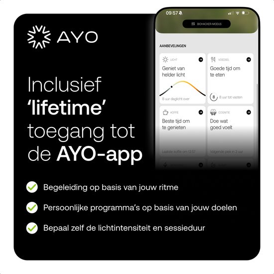 Scherm met de AYO-app met aanbevelingen voor licht, voeding, koffie en cognitie, inclusief 'lifetime' toegang.