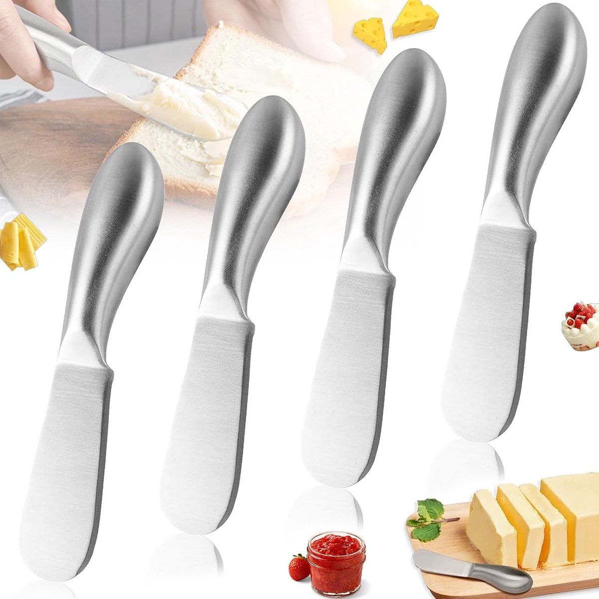 Set van 4 Ergonomische Dessertmessen voor Jam en Boter, RVS Spatel voor Kaas en Gebak, Keukenhulpmiddelen voor Bereiding en Serveerwerk