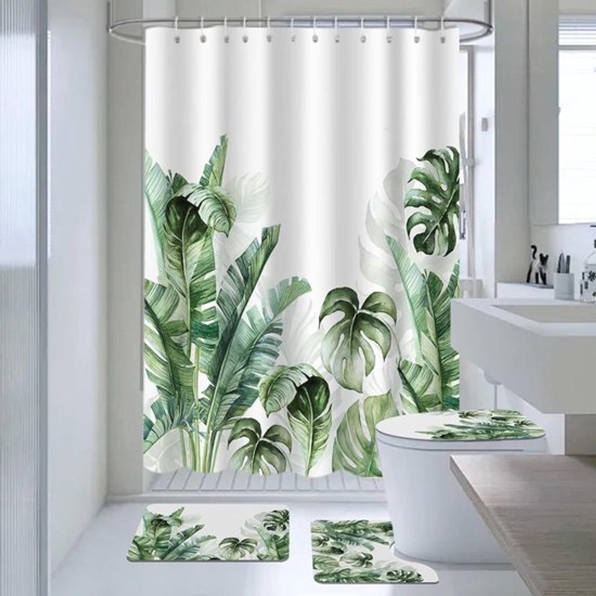 Tropisch palmblad douchemantels set met antislip tapijten voor badkamerdecoratie