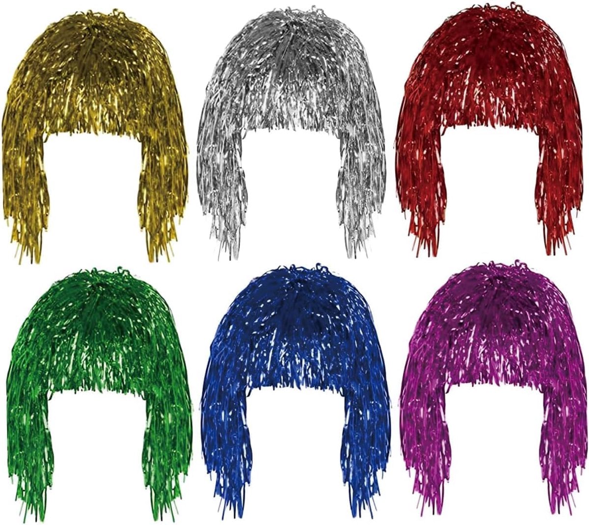 Lamettapruik, 6 stuks, metallic pruik, folie, tinsel, kleurrijke lamettapruik, kostuumaccessoires voor carnaval, Halloween, themafeest (6 kleuren) (meerkleurig1)