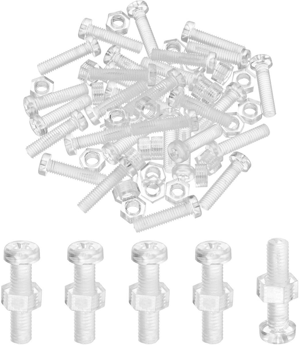 Set van 30 transparante schroeven en zeskantmoeren, M5 x 20 mm, acryl kunststof, kruiskop, ronde kopschroeven voor machineaccessoires, doe-het-zelf uitrusting, model, handaantrekbouten