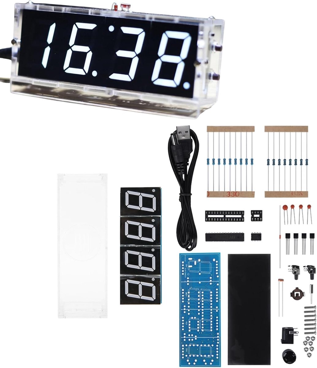 Digital Clock Kit 4 Digit LED Digital Clock met Acryl Shell Soldering Project voor Beginners Electronics Professionals (Wit)