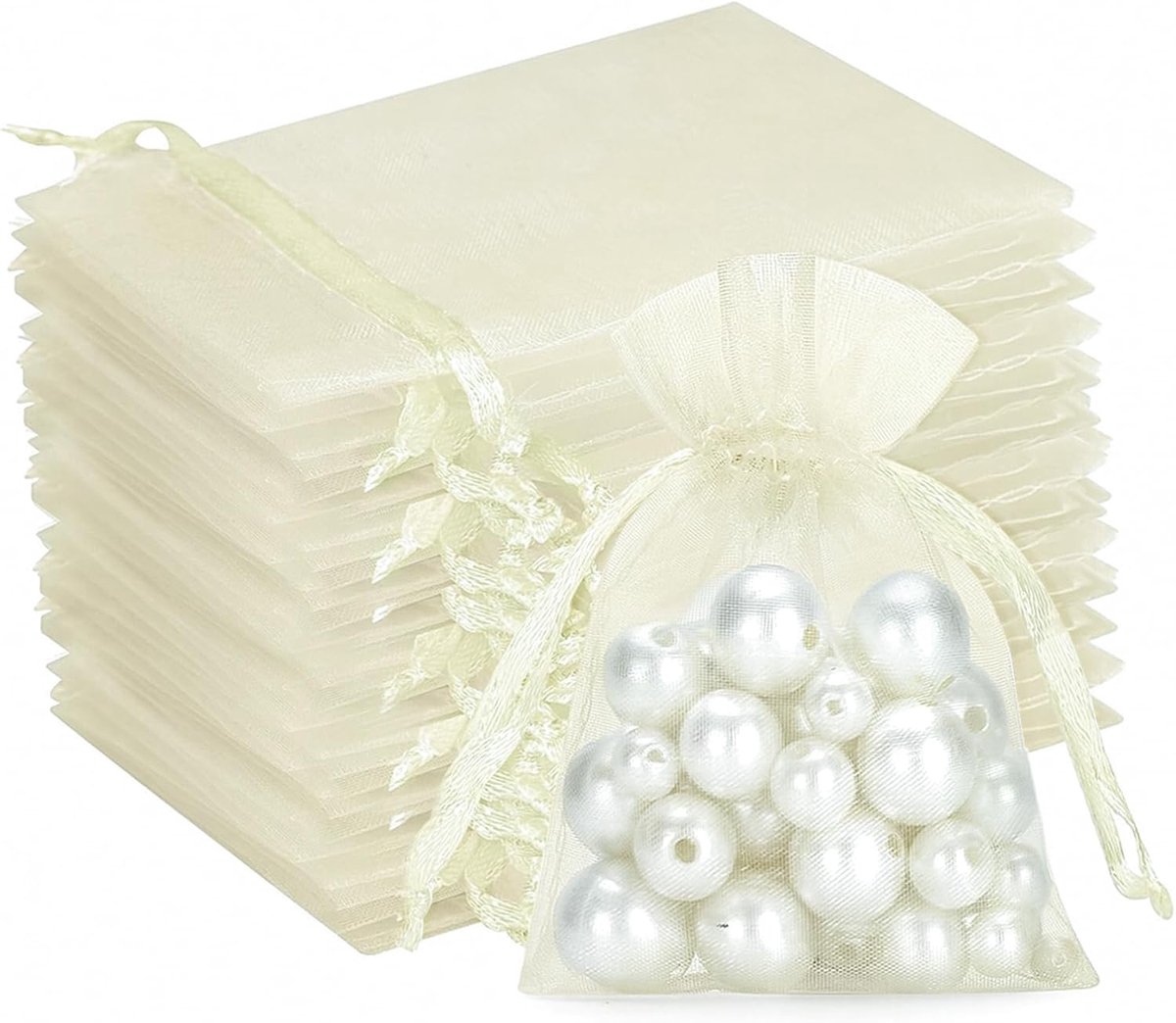Crème organzazakjes, 7 x 9 cm: 100 stuks, kleine geschenkzakjes, organzazakjes met trekkoord, geschikt als huwelijkssnoepzakje, sieradenzakje, cadeauzakje