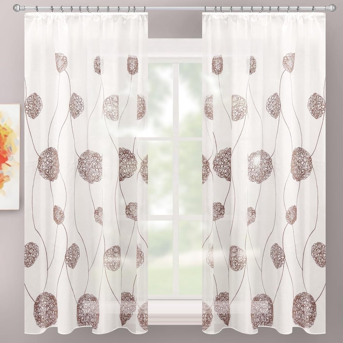 Lifestyle Gordijn met plooiband, 140x145 cm, semi-transparant, gestileerde bloemen op witte achtergrond, set van 2