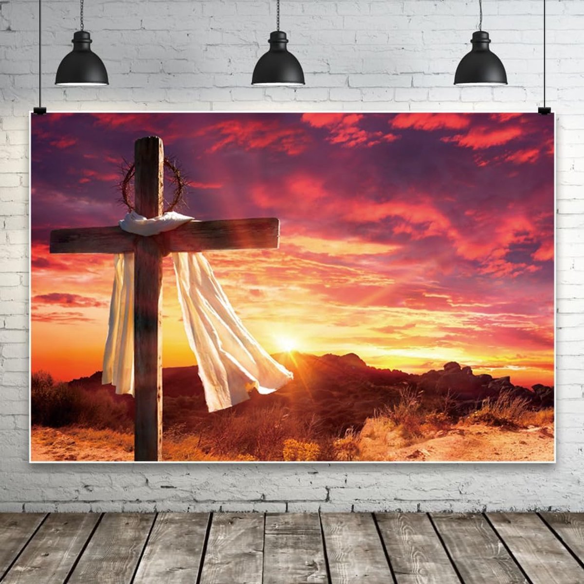 6x4ft Houten Kruis Achtergrond Mountain Top Kleurrijke Wolken Gouden Glanzende Zonsopgang Fotografie Achtergrond Christelijke Pasen Religieus Geloof Decor Fotocabine Studio Prop