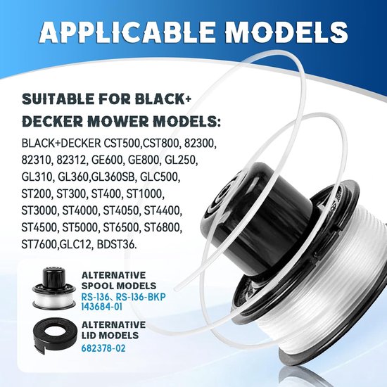 Compatibel Met A6226-XJ A6226 RS-136-BKP RS-136, voor Black+Decker GL250, GL310, GL360, GL360SB, CST500, CST800, Ø1,65mm-6,1m lengte (4 spoel + 1 dop + 1 veer) — afbeelding 2