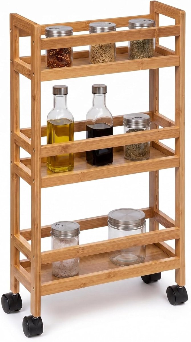 Bijzetwagen met 3 niveaus, keukentrolley van bamboe, smalle opbergwagen, ruimtebesparend, voor badkamer, keuken, kantoor, 74,5 cm