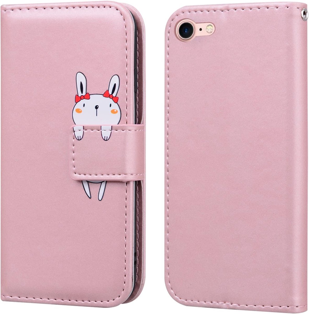 Beschermhoesje voor iPhone SE 2020/SE 2022, portemonnee voor iPhone 8/7, cartoon, konijn, PU-leer, flipcase met [kickstand] en kaartsleuven, magneetsluiting, roze