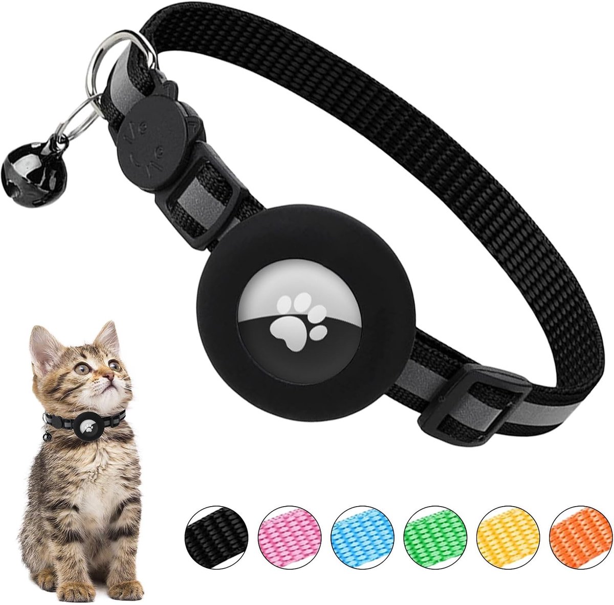 Kattenhalsband, reflecterende kattenhalsband met waterdichte Airtag-houder, verstelbare kattenhalsband met bel en veiligheidsgesp, gepersonaliseerde kattenhalsband voor katten, honden