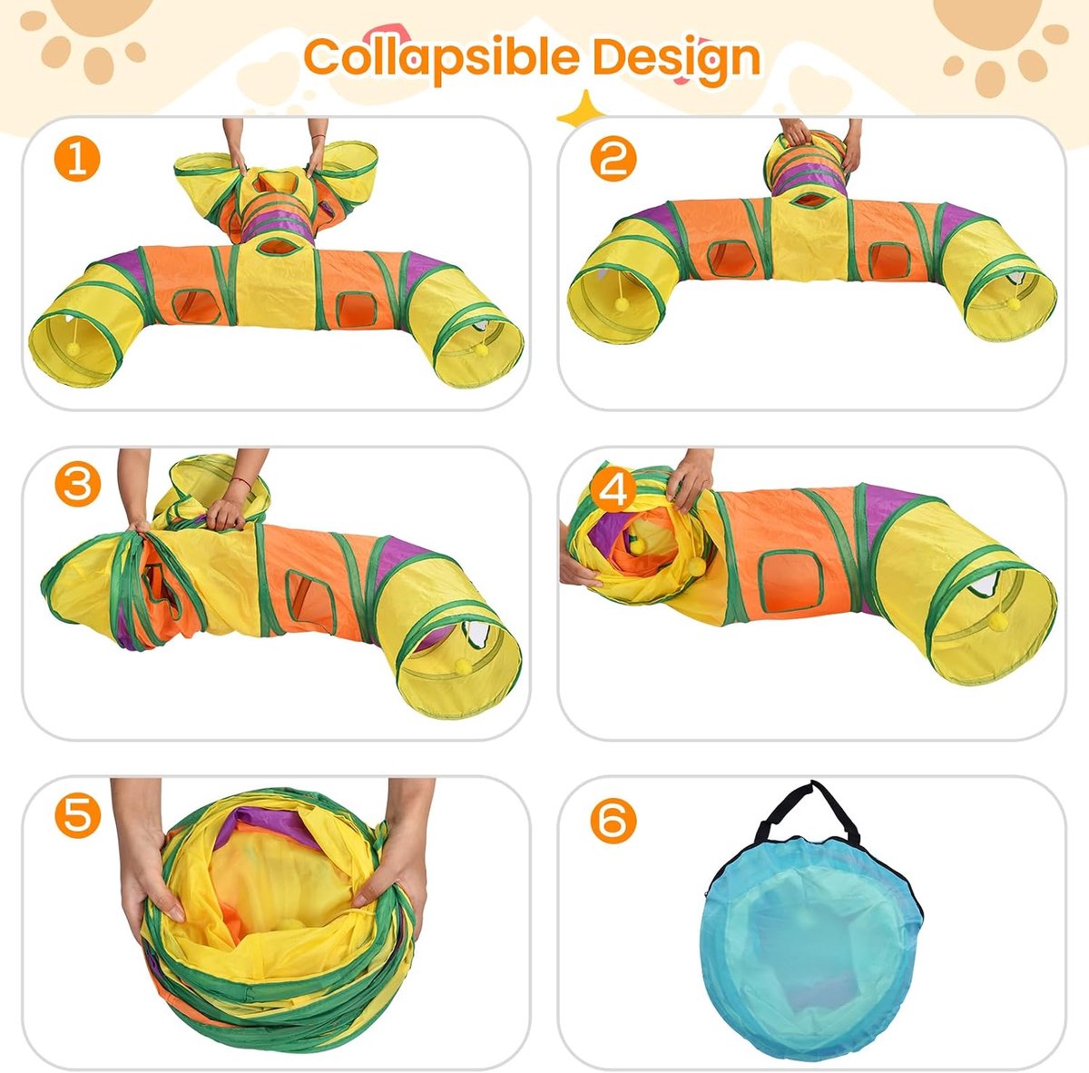 H-4-Wege opvouwbare kattentunnel voor kittens, indoor-entertainment, wasbaar schattig kattenbuis-speelgoed met interactieve speelballen, scheurvaste huisdierenslang, katten, kittens