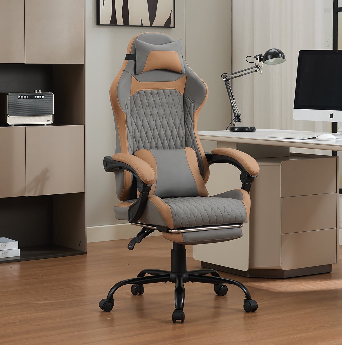 DESMIU Gamingstoel 62 cm - Ergonomisch Met Voetsteun, 135 Graden Kantelbaar En In Hoogte Verstelbaar - Thuiswerk En Gamen - Kunstleer - Grijs Bruin