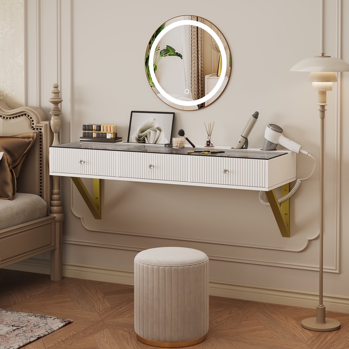 Zubaliya Kaptafel voor wandmontage met glazen blad en 3 lades - wit - 120 x 40 x 45 cm