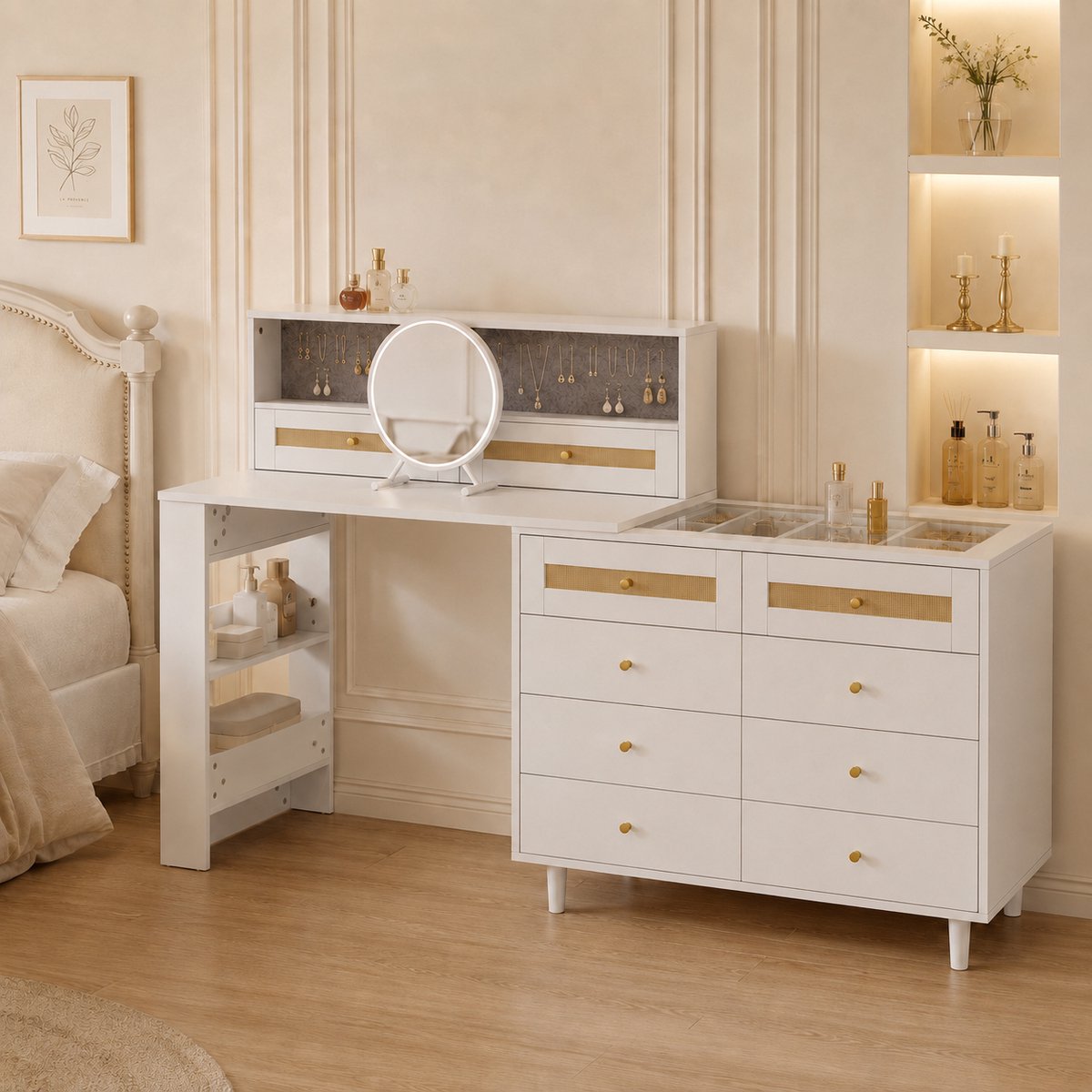 Zubaliya Kaptafel met spiegel, sieradenkast en 10 lades - wit - 105 x 50 x 107,5 cm