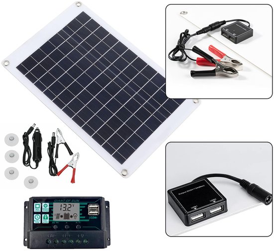 Zonnepaneel set met een wit-omrand paneel, laadregelaar, clips en een vergroting van de USB-adapter.