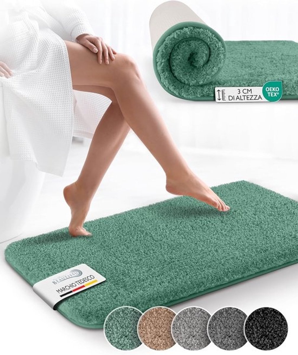 Antislip Badmat 60x50 cm - Hoogpolig Tapijt in Shaggy Look voor Douche, Badkuip en WC - Zachte Microvezel Badmat Groen