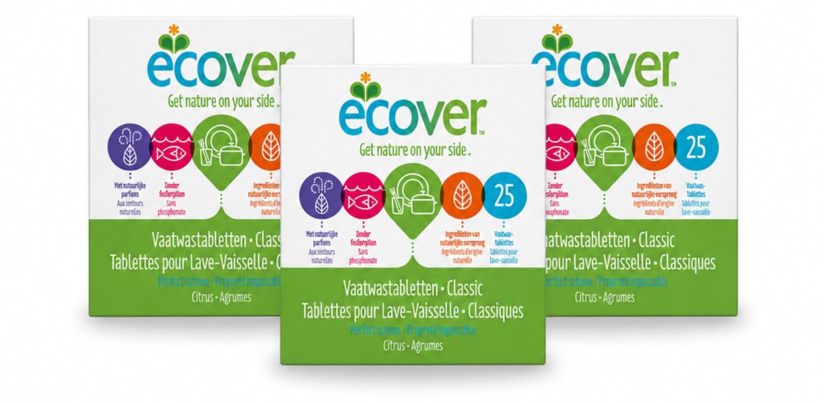 3 x Ecover - Vaatwastabletten Classic - 25 Tabs - Voordeelverpakking - 3 stuks
