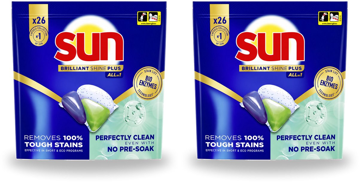 2 x Sun – Vaatwascapsules – Brilliant Shine+ All-in-1 - 26 capsules - Voordeelverpakking - 2 stuks