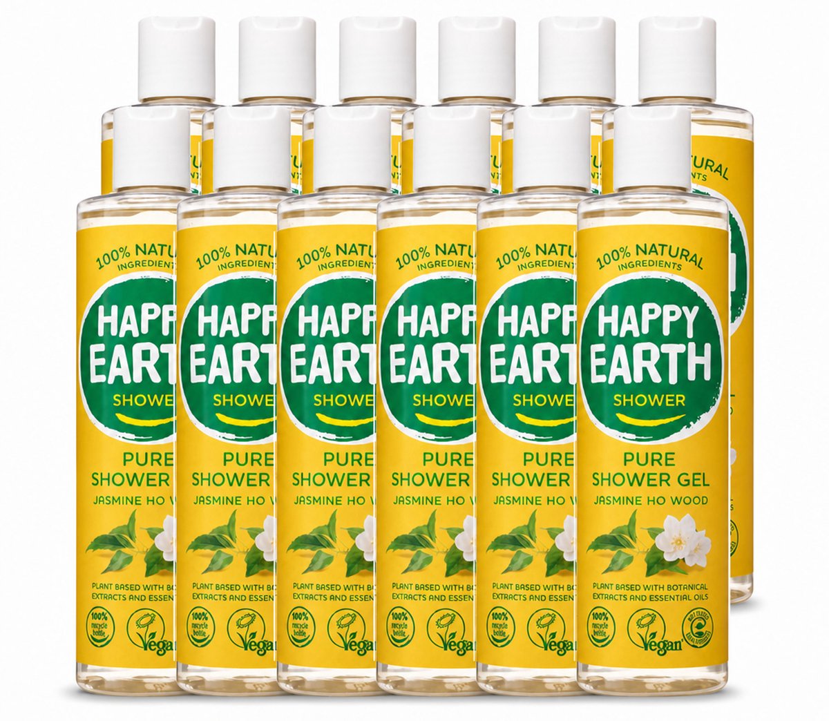 12 x Happy Earth – Douchegel – 100% Natuurlijk Jasmine Ho Wood – 300 ml - Voordeelverpakking - 12 stuks