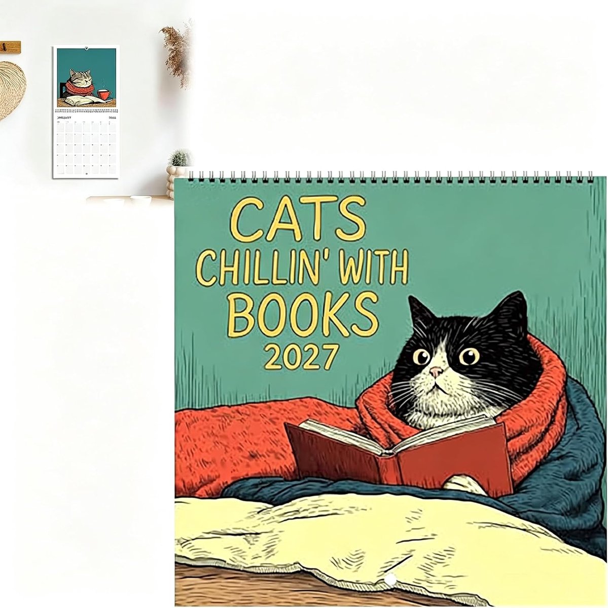 Wandkalender 2027 met Katten en Boeken - Maandelijkse Planner met Kattenthema - 7.8x7.8 Inch - Grappige Decoratie voor Thuis - Perfect Cadeau voor Gezin en Kinderen - 1 Stuk(A)