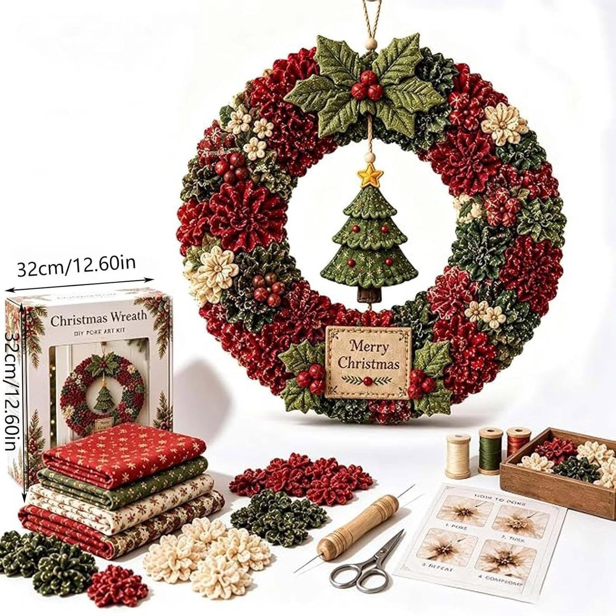 3D Stof Poke Krans DIY Kit - Kerstkrans Maakpakket - Creatief Knutselen voor Thuisdecoratie - Kerstboom