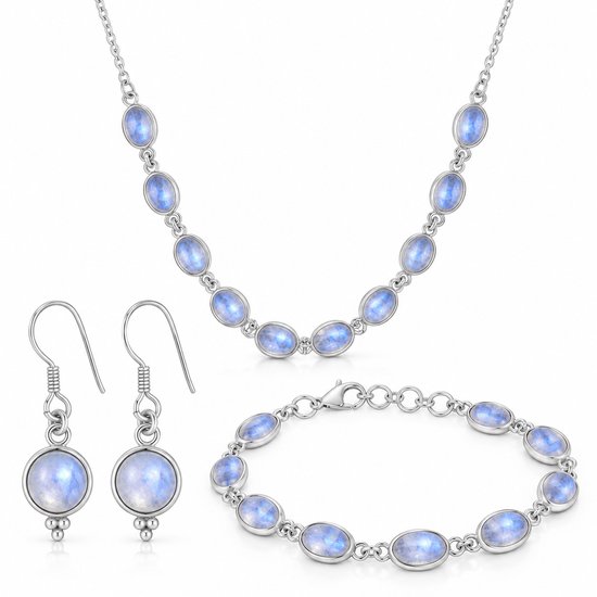 Collier, bracelet et boucles d'oreilles en argent avec des pierres de lune individuelles, ovales, bleu-blanc.