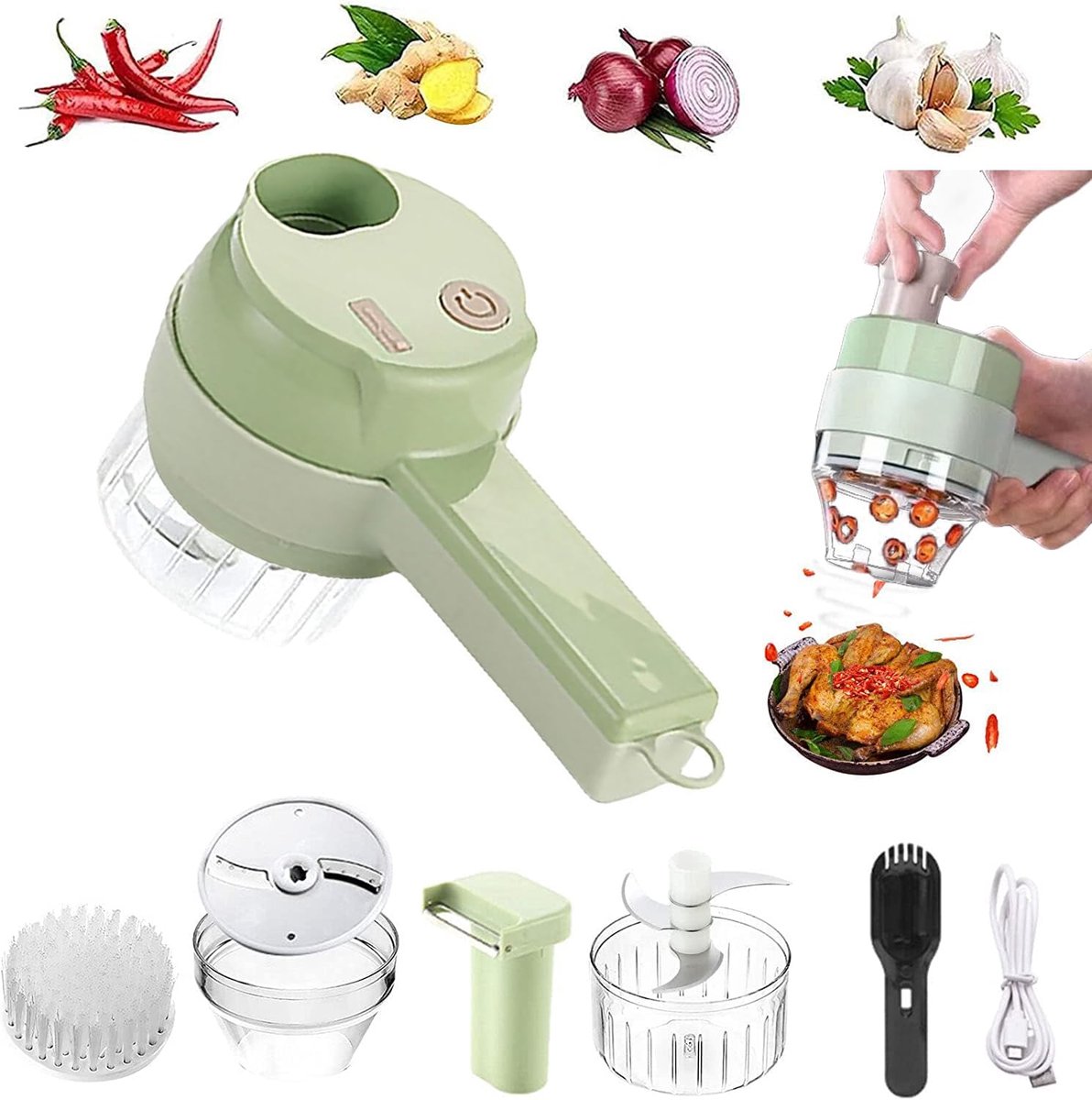 4-In-1 Groentesnijder - Hakmolen - Elektrische Food Chopper - Groente Chopper - Multifunctionele - Draadloze - Met Snijmachine, Vleesmolen, Dunschiller en Schoonmaakborstel - Voor Knoflook Peper Chili U Selderij Gember Vlees