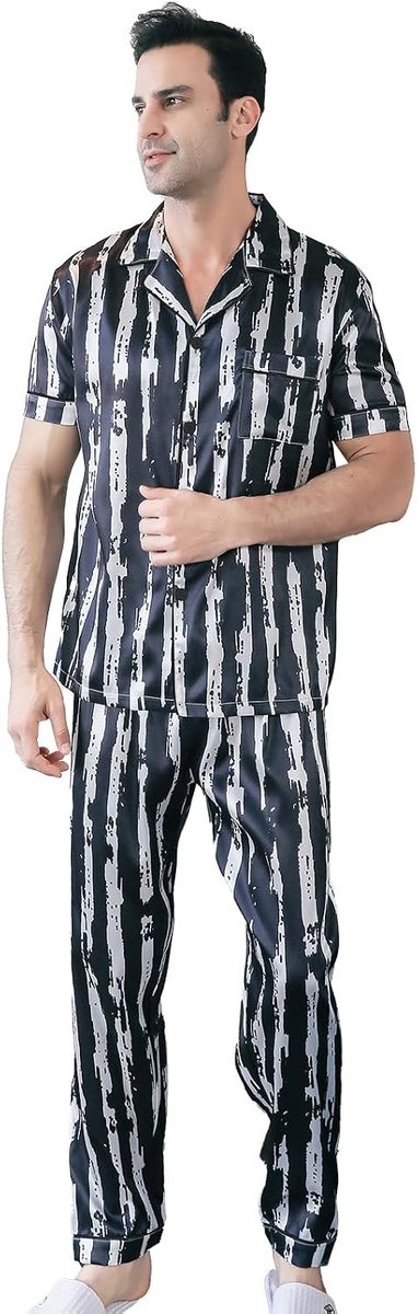 pyjama voor heren, set met korte mouwen, zijdeachtige pyjamabroek, premium button down, nachtkleding, veelkleurig, zijdeachtige pyjamaset voor heren