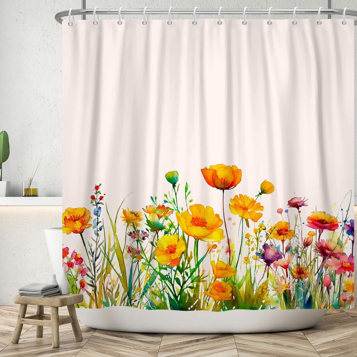 Douchegordijn, 180 x 180 cm, lente, aquarel, geel, paars, rood, kleurrijk, bloemen, groen, bladeren, wit, wasbaar, baddouchegordijnen, polyester textiel, waterdicht, douchegordijn voor