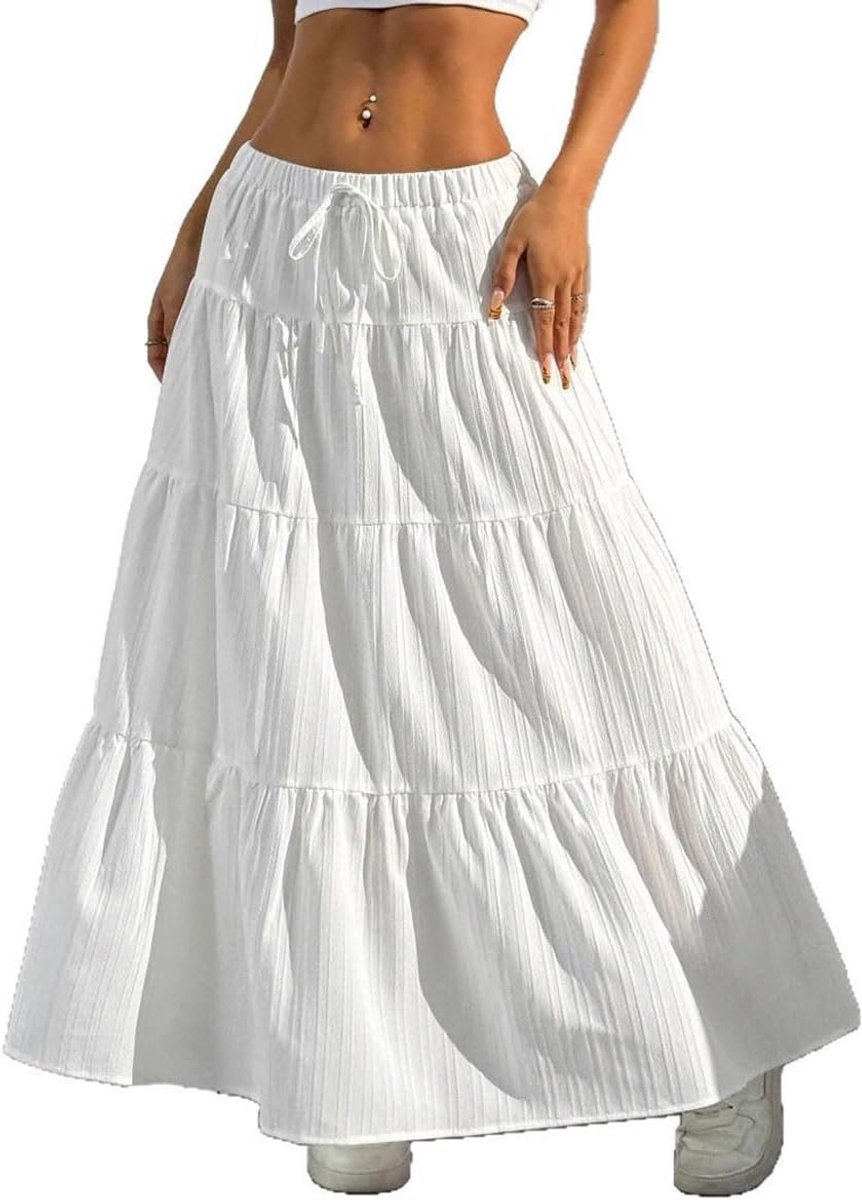 Rok voor dames, lang, hoge taille, elegante maxi-rok, A-lijn, elastische gelaagde midi-vrijetijdsrok, effen rok (meerkleurig, S-XL)