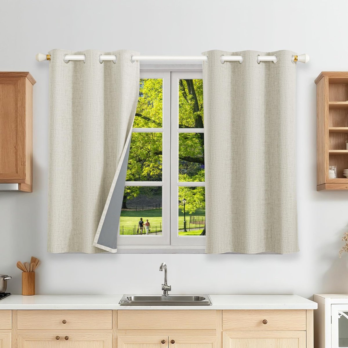 Linnen, 100% verduisteringsgordijnen met oogjes, set van 2, thermogordijn, hittebescherming, H 120 x B 90, linnenlook, ondoorzichtig, lichtbeige, geluidsisolatie voor slaapkamer en