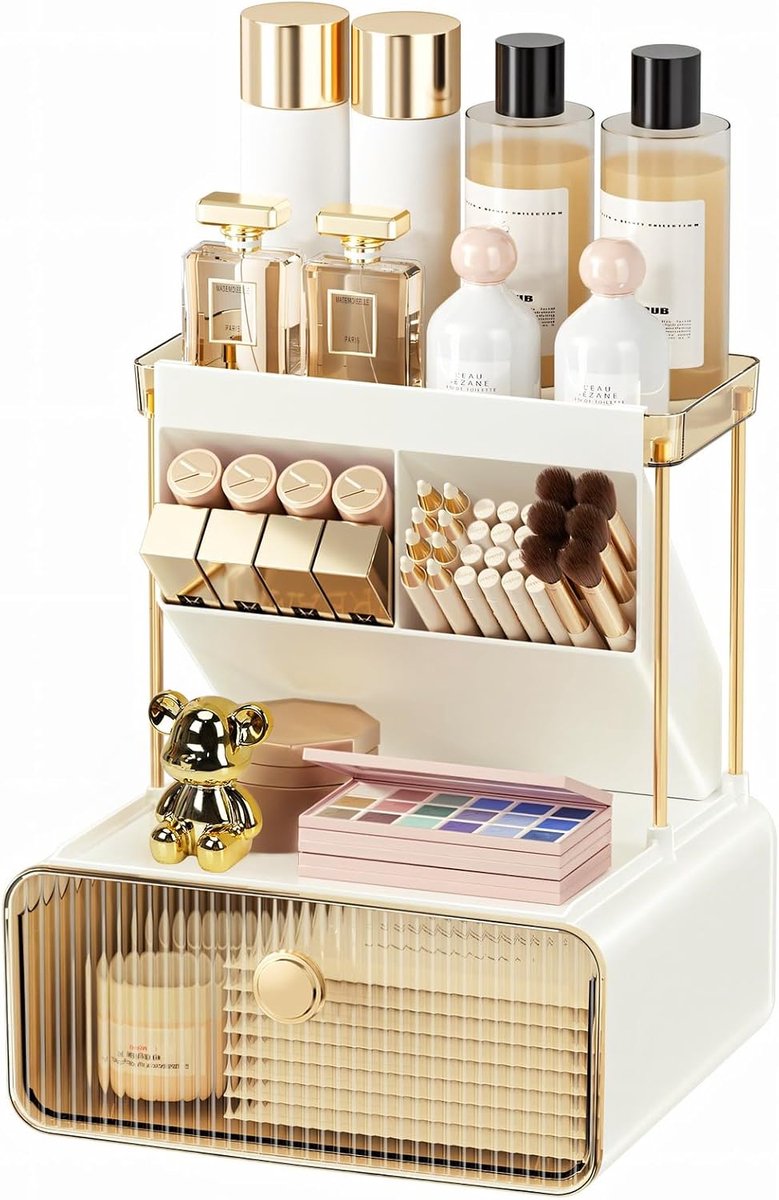 2-laags make-uporganizer met laden, multifunctionele make-uptafelorganizer voor make-upkwasten, wattenpads, cosmetica, enz