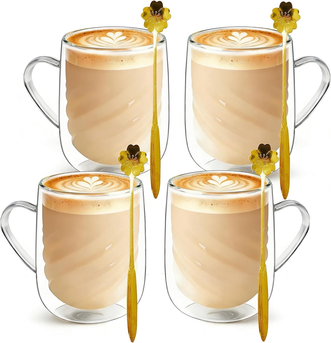 Set van 4 latte macchiatglazen, dubbelwandige spiraalvormige koffieglazen van borosilicaatglas, isolerende dubbelwandige koffieglazen met handvat, voor cappuccino, thee, espresso, melk
