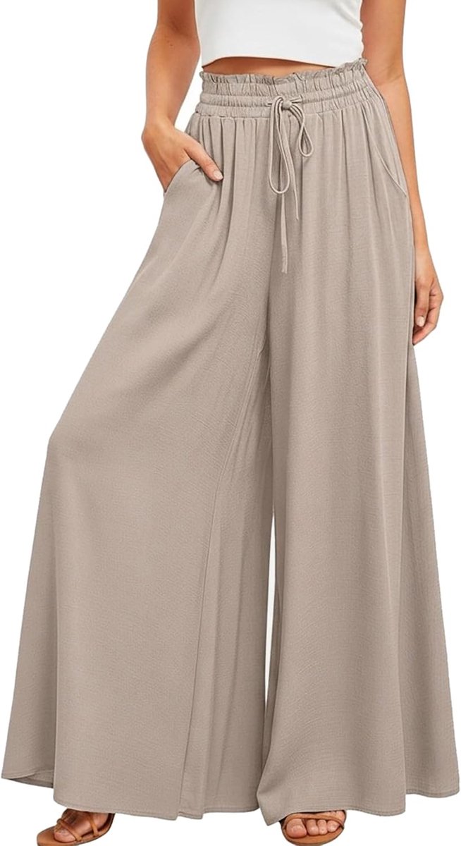 Zomer, hoge taille, vloeiende palazzo-broek, brede pijpen, casual, licht, elegant, strand, casual broek met zakken en trekkoord