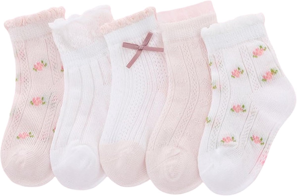Sokken voor meisjes, 5 paar, schattige ademende kindersokken, zacht comfort met schattig patroon, kindersokken voor pasgeborenen, peuters, meisjes, kinderen