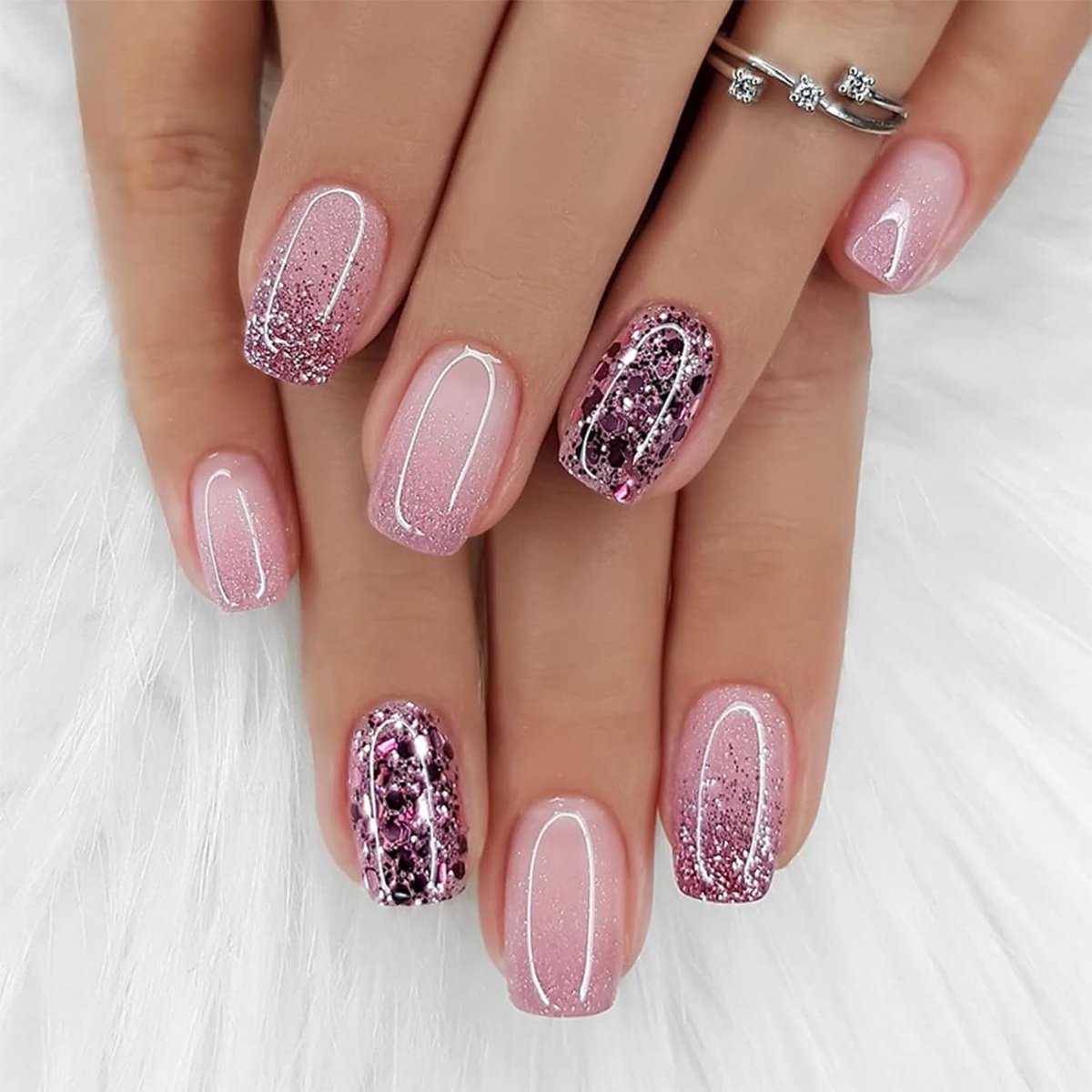 24 Stukken Roze Glitter Nagelkunst, Nagels Voor Oplakken, Druk Op Nagels, Kunstnagels
