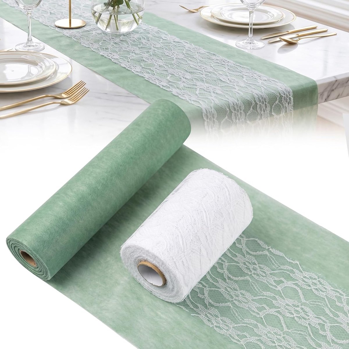 Tafelrunner Set Eucalyptusgroen & Wit – Vlies Tafelrunner | (30 cm x 25 m) & Kantband (15 cm x 25 m), 2 Rollen voor Bruiloft, Doop, Communie