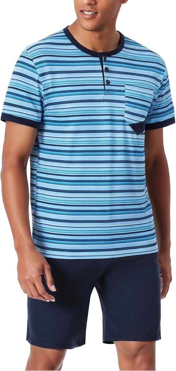 Pyjama voor heren, zomer, katoen, pyjamaset voor heren, kort, gestreept, korte mouwen, met zakken, 2-delig