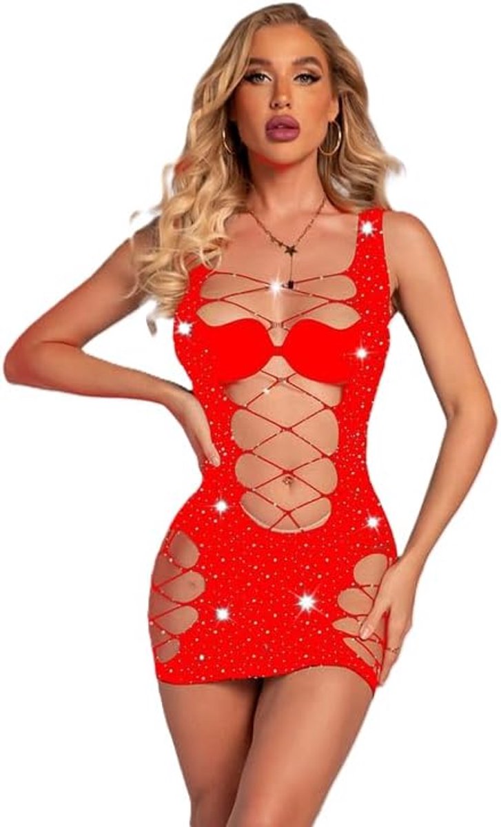 Dames partyjurk, korte jurk van visnet, clubwear partyjurk mesh inzetstukken, sexy mini-jurk lingerie set, sexy bodycon visnet mini-jurk M-L