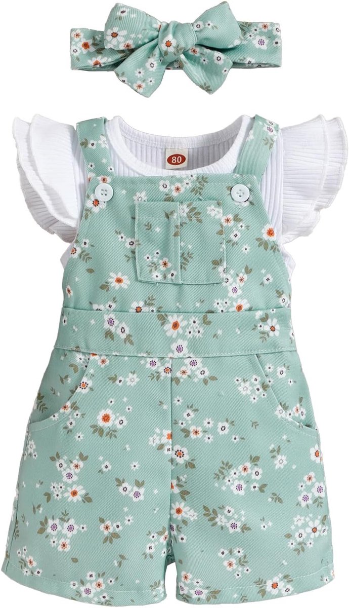 Mouwloos, geribbeld, bovenstuk, shorts met bretels en bloemenpatroon, pasgeborenkleding voor meisjes