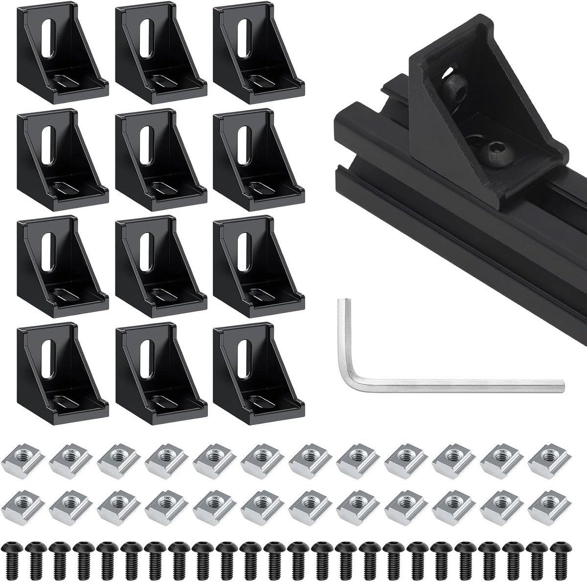 12 stuks aluminium profielhoek, 30 x 30, aluminium profiel, verbindingsstuk, aluminium hoek, zwart, 90 graden hoekhoek, hoekverbinder, metaal met moersleutel voor stuurprofiel, 3D-printer