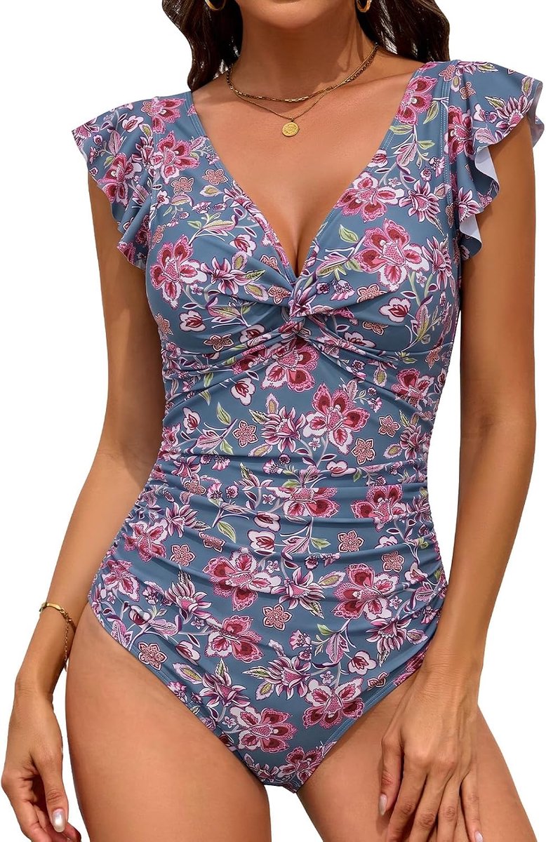Badpak voor dames, 1 stuk, platte buik, ruches, V-hals, push-up, sexy badpak, blote rug, bloemen, modieus, strand en zwembad