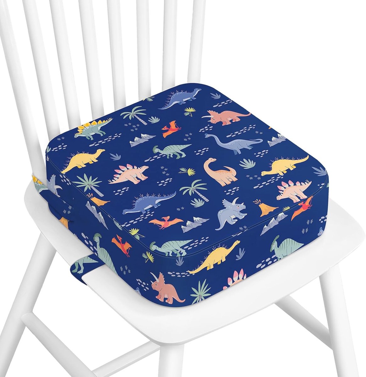 Stoelkussen voor eettafel, stoelkussen van 10 cm met antislip onderkant, draagbaar kussen met 2 verstelbare bandjes (dinosaurus)