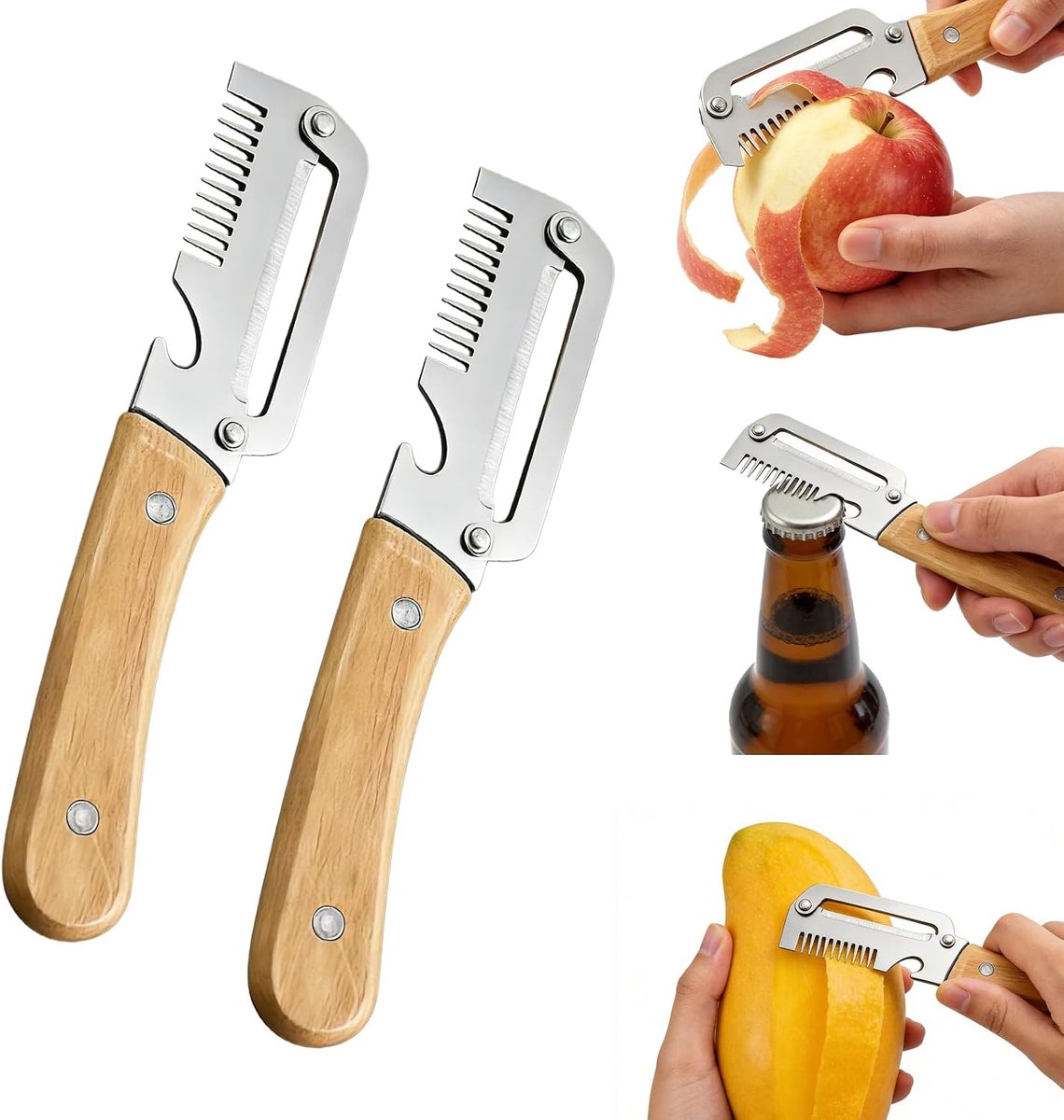 2 stuks multifunctionele groenteschiller, 3-in-1 multifunctionele groenteschiller, Zero Snag houtschiller, dunschiller met houten handvat en geïntegreerde flesopener voor fruit, groenten en
