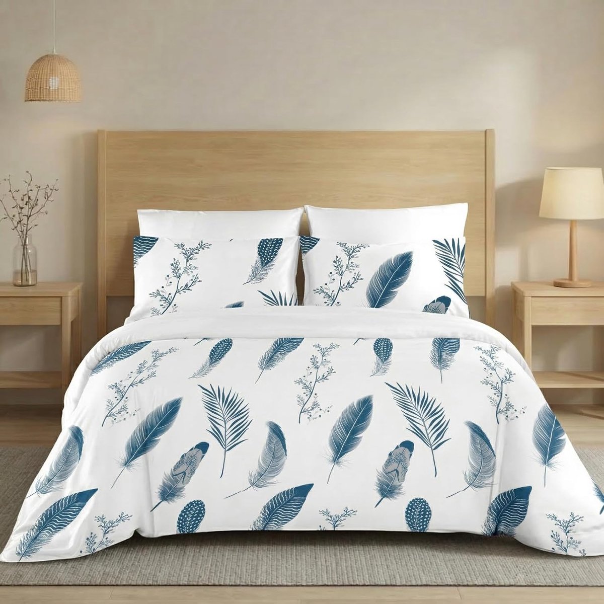 Dekbedovertrek 150 cm, 3-delig, ademend, zacht, 100% microvezel, dekbedovertrek van 220 x 240 cm met 2 kussenslopen van 50 x 75 cm, blauwe veer
