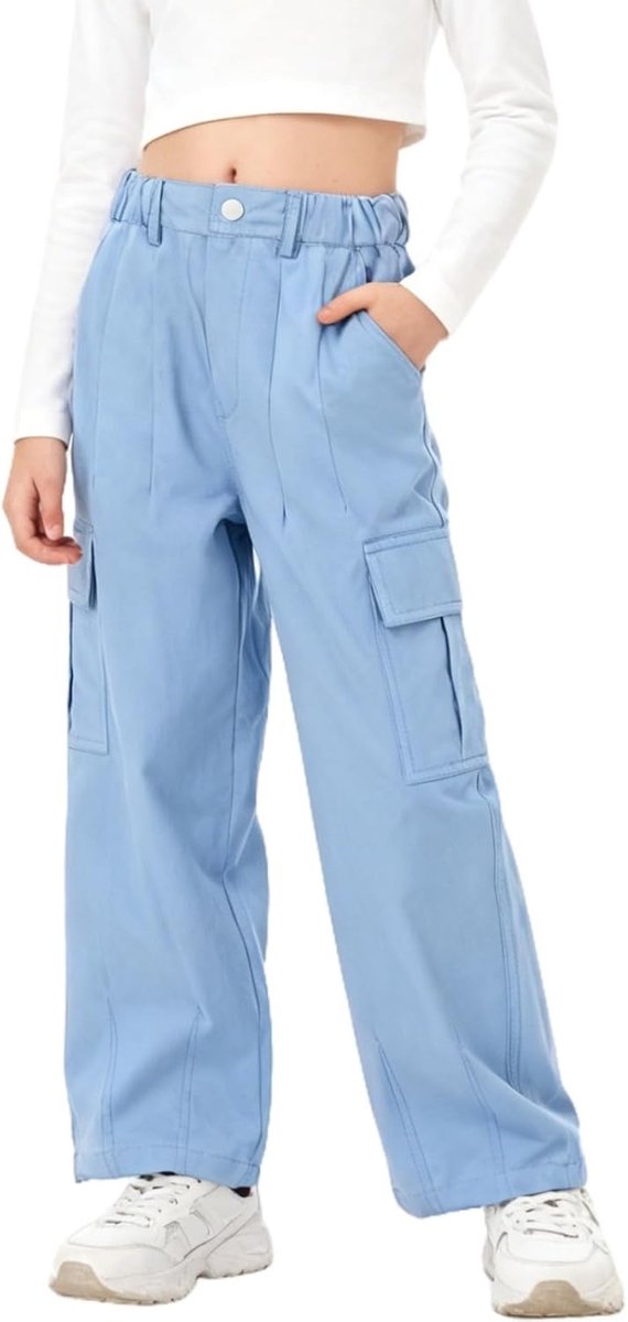 Cargobroek voor meisjes, katoenen baggy broek met elastische taille en meerdere zakken, voor kinderen van 6 tot 15 jaar