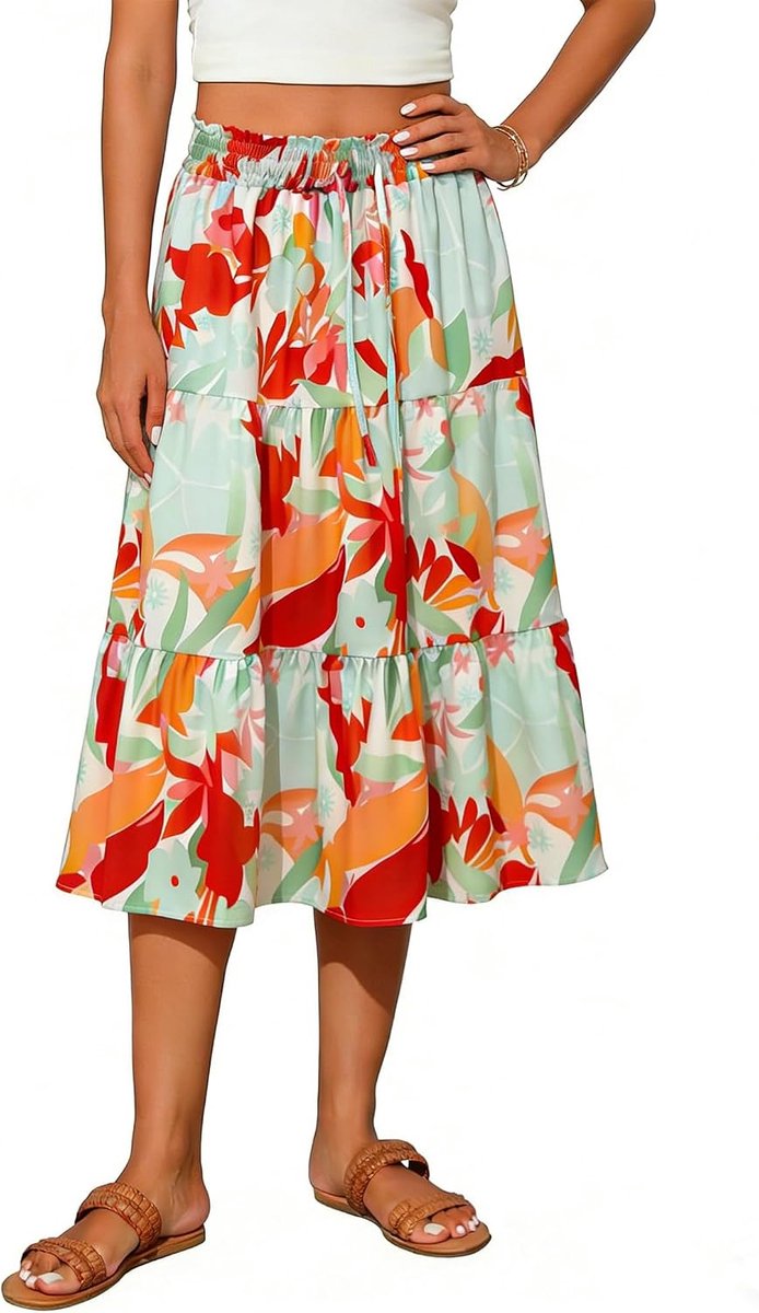 Midirok voor dames, elegante bloemenrok, hoge taille, A-lijn, rok, zomer, strandrok, vrijetijdsrok, effen rok