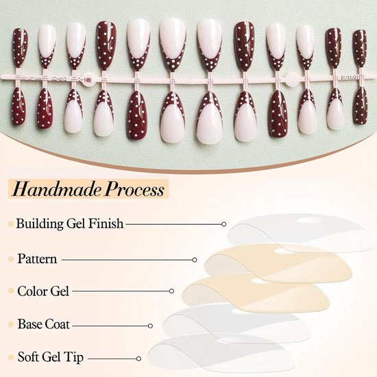Set van 24 Press-on Nagels met Franse Tip, Bruine Basis met Witte Stippels, Lange Amandelvorm — afbeelding 2